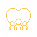 A yellow icon of three people in front of a heart.